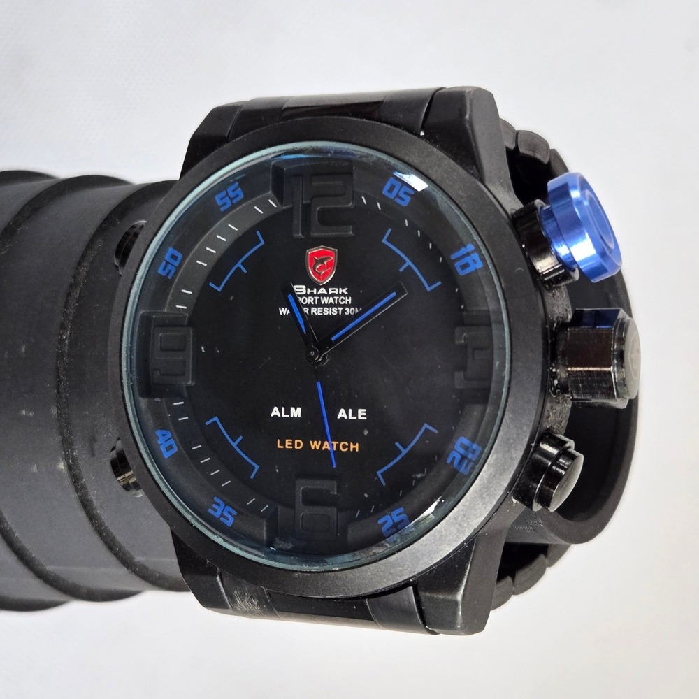 Shark Sport Watch Mens Black Dual Display Analog Digital Blue Crown 5.5in Tested